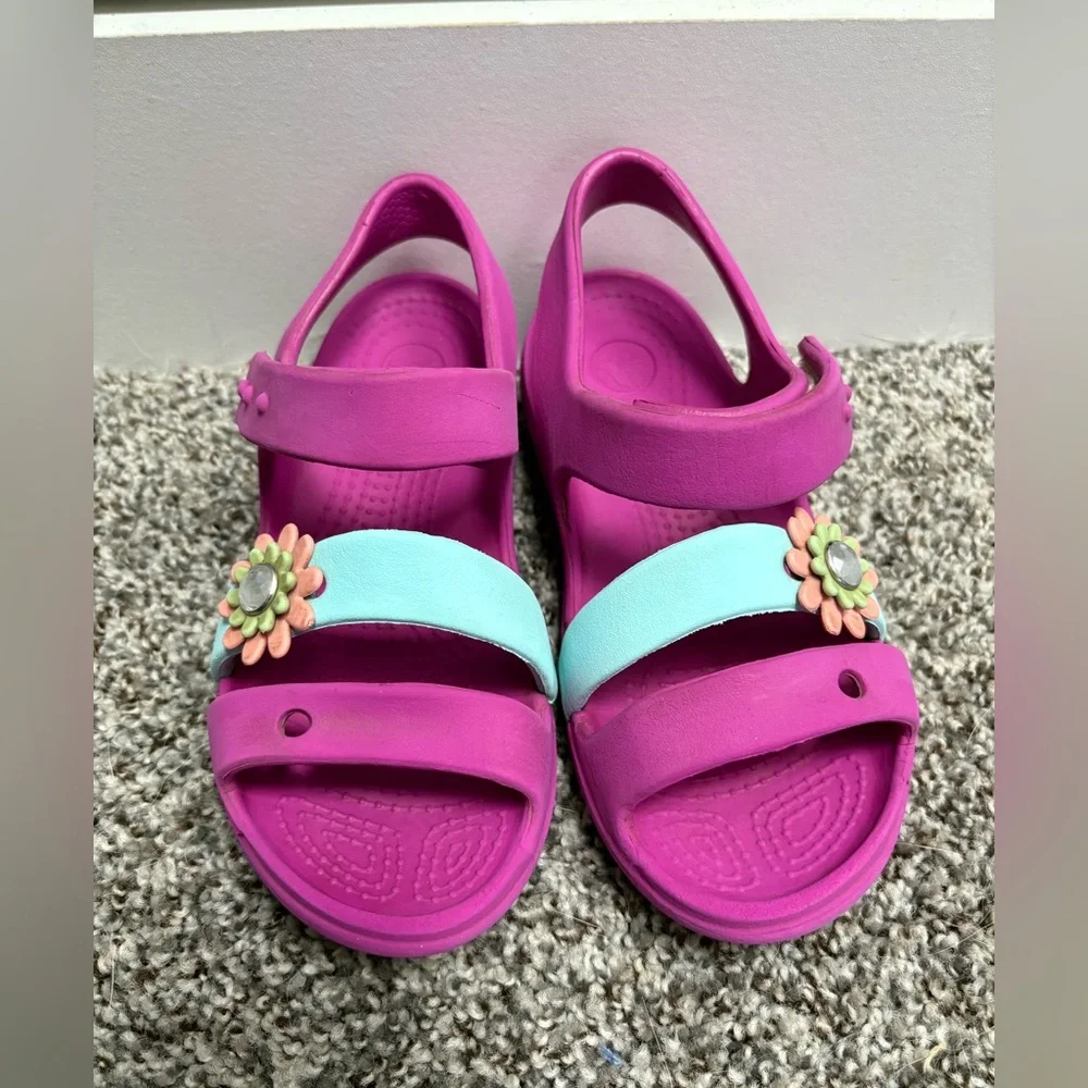 Crocs Waterproof Kids Velcro strapped Fuchsia Flower Sandals Size 12c